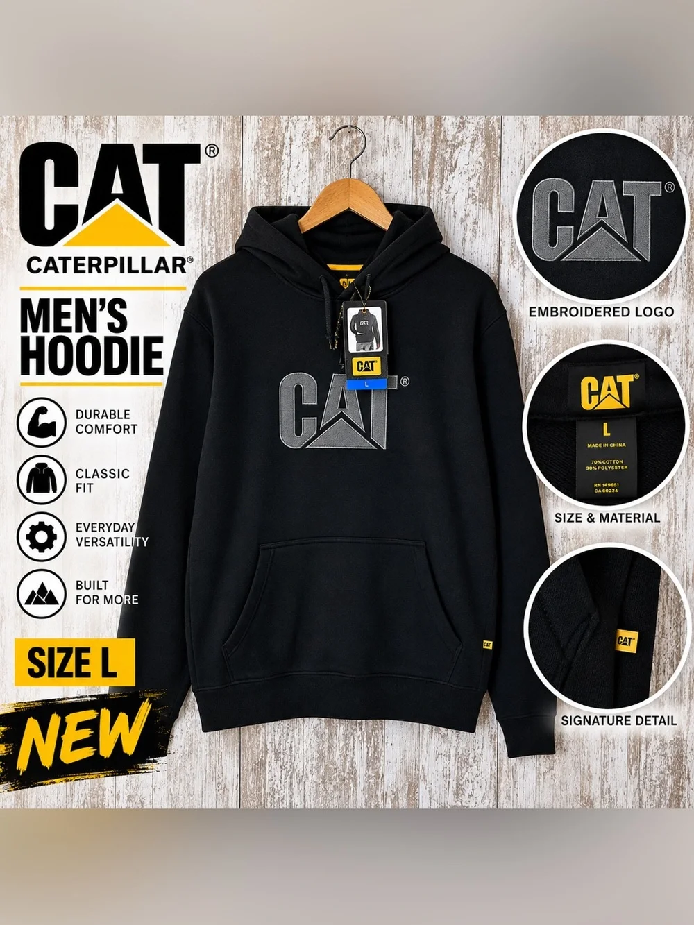 CAT Caterpillar Embroidered Logo Pullover Hoodie Men’s Large Black NWT